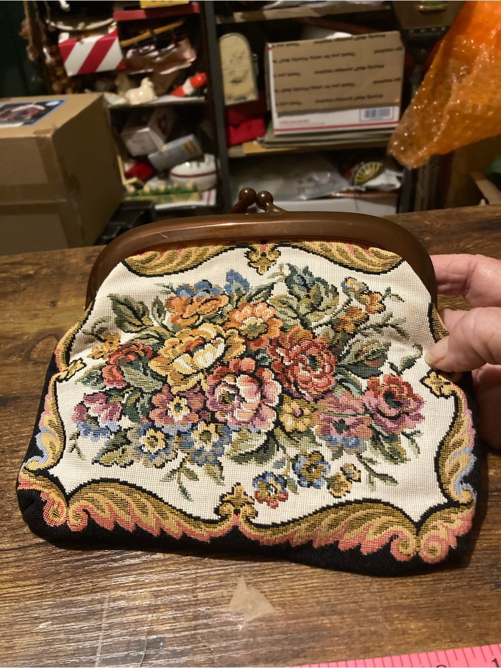 Vintage needle point design clutch